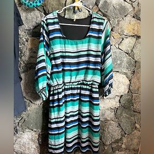 Espresso Dress Women's 3X Teal Green Black Striped Blouson 3/4 Sleeve